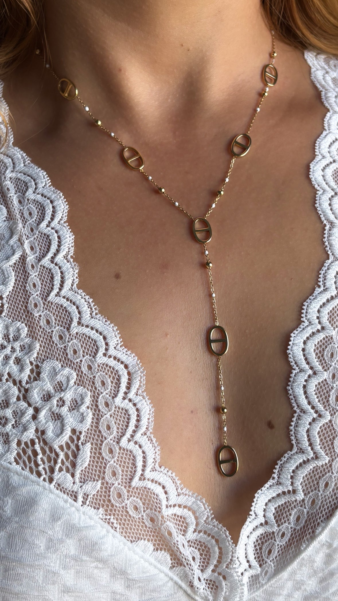 Collier sautoir maille marine perle blanche
