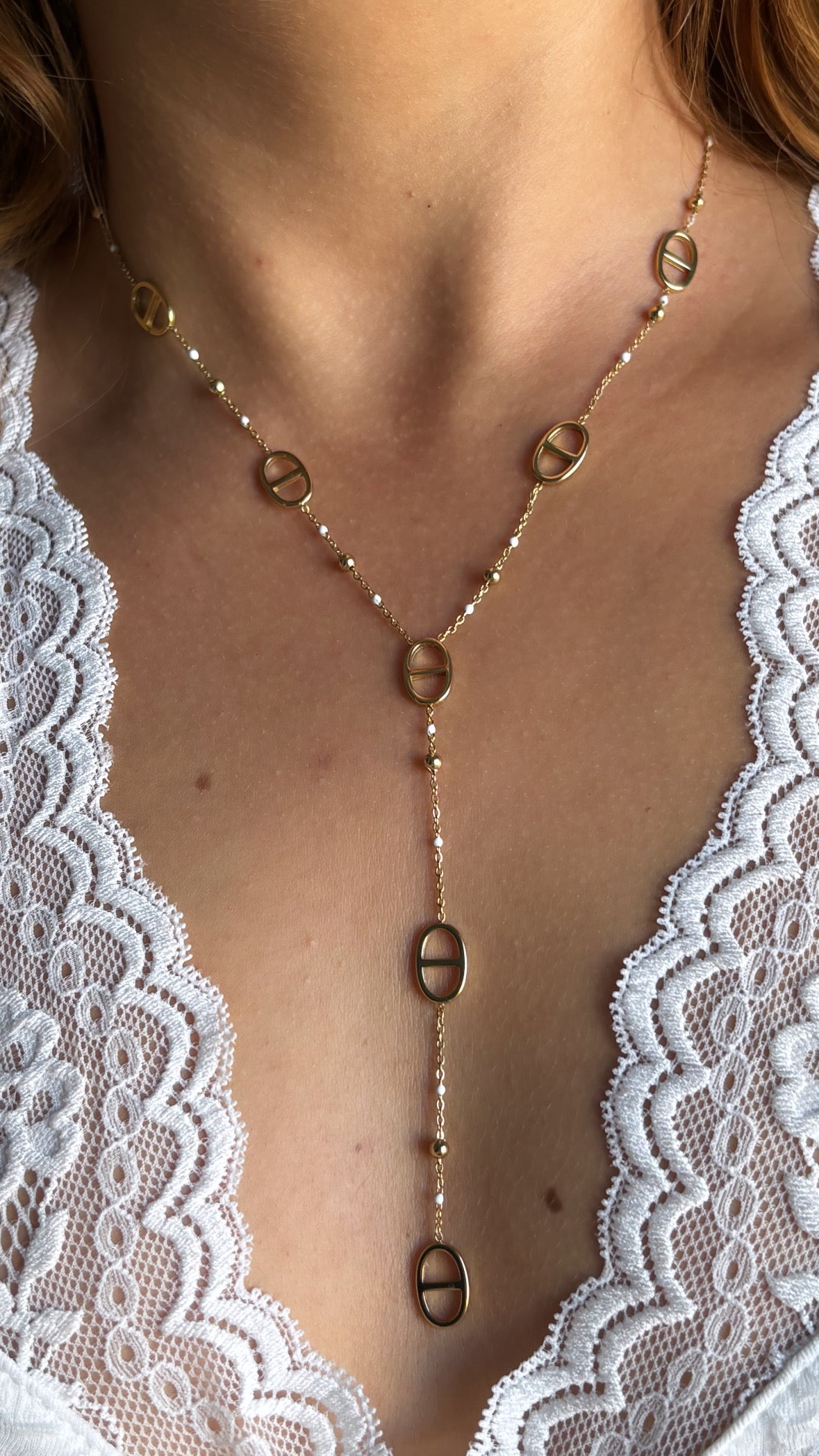 Collier sautoir maille marine perle blanche