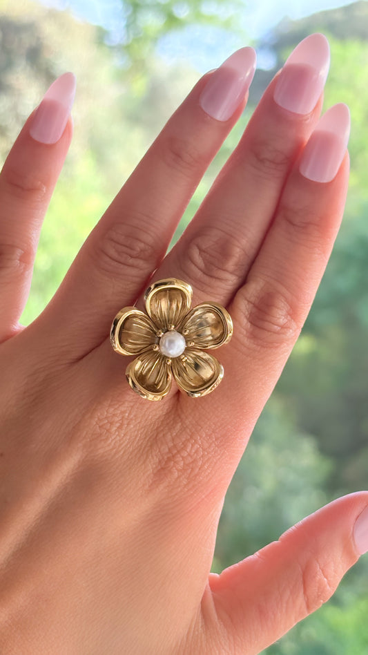 Bague fleur et perle doré