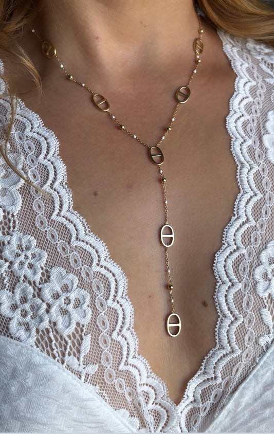 Collier sautoir maille marine perle blanche