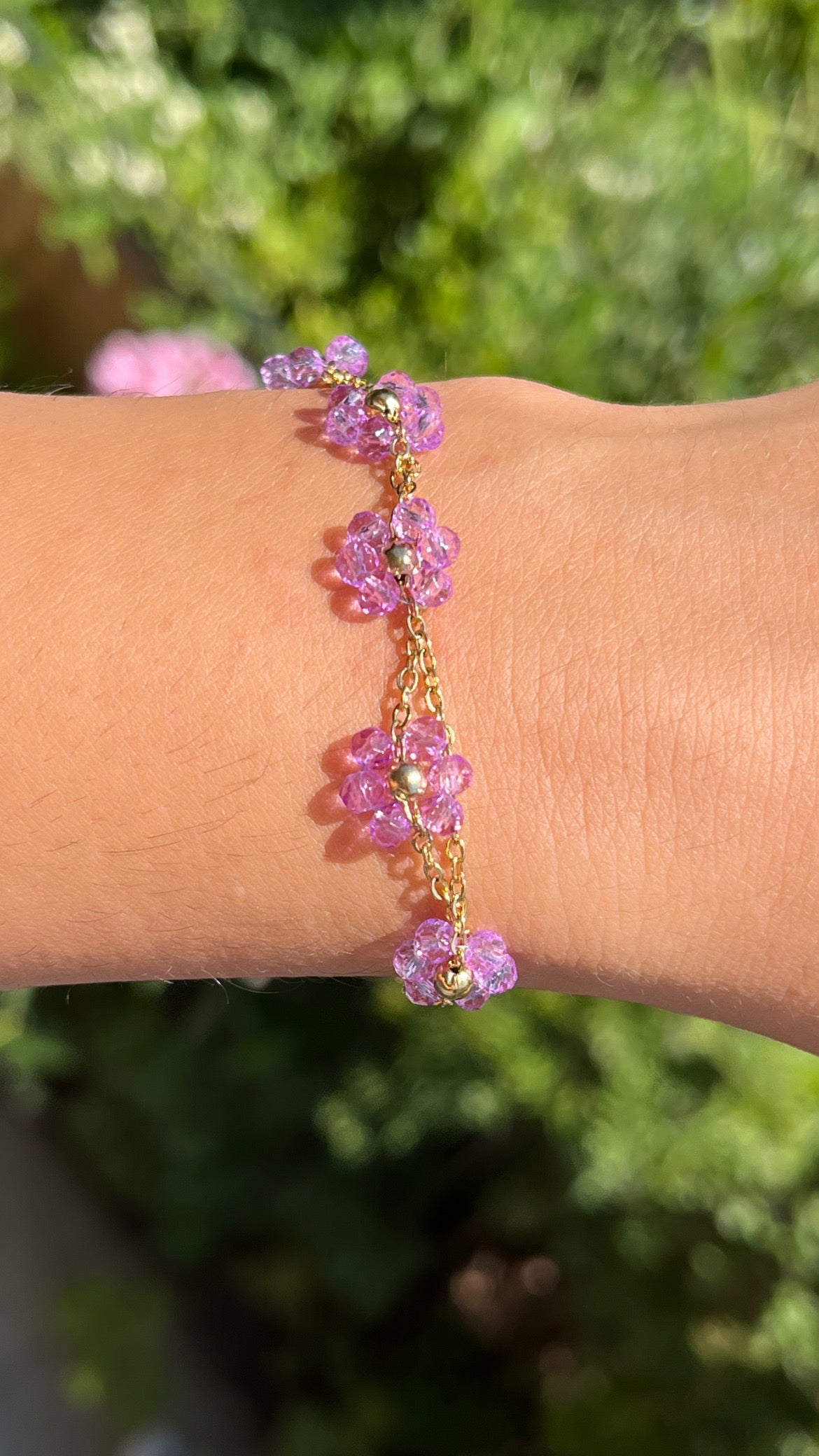 Bracelet double chaîne marguerite rose