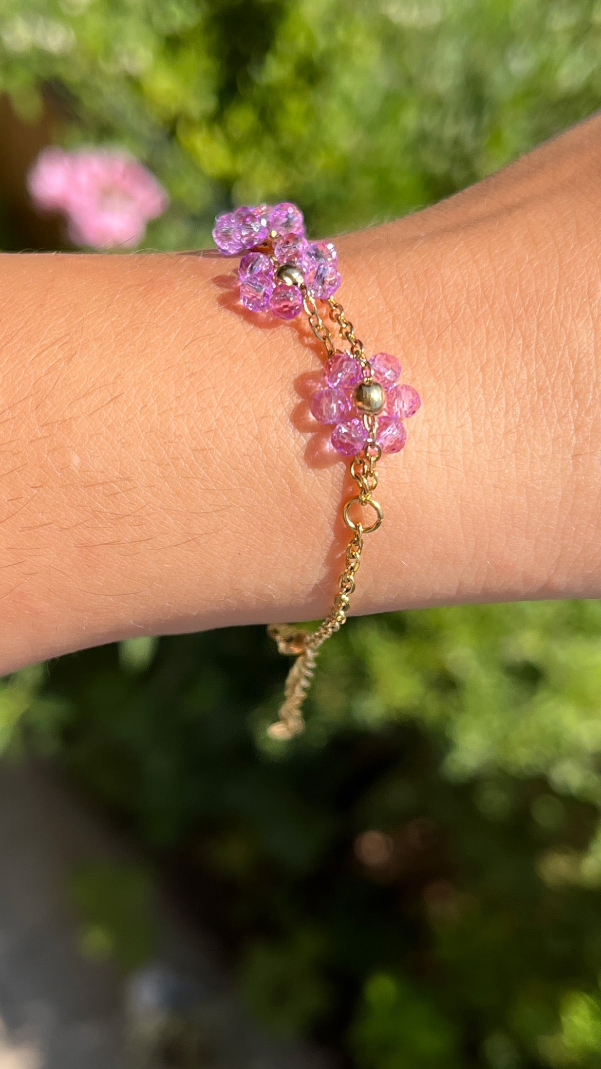 Bracelet double chaîne marguerite rose