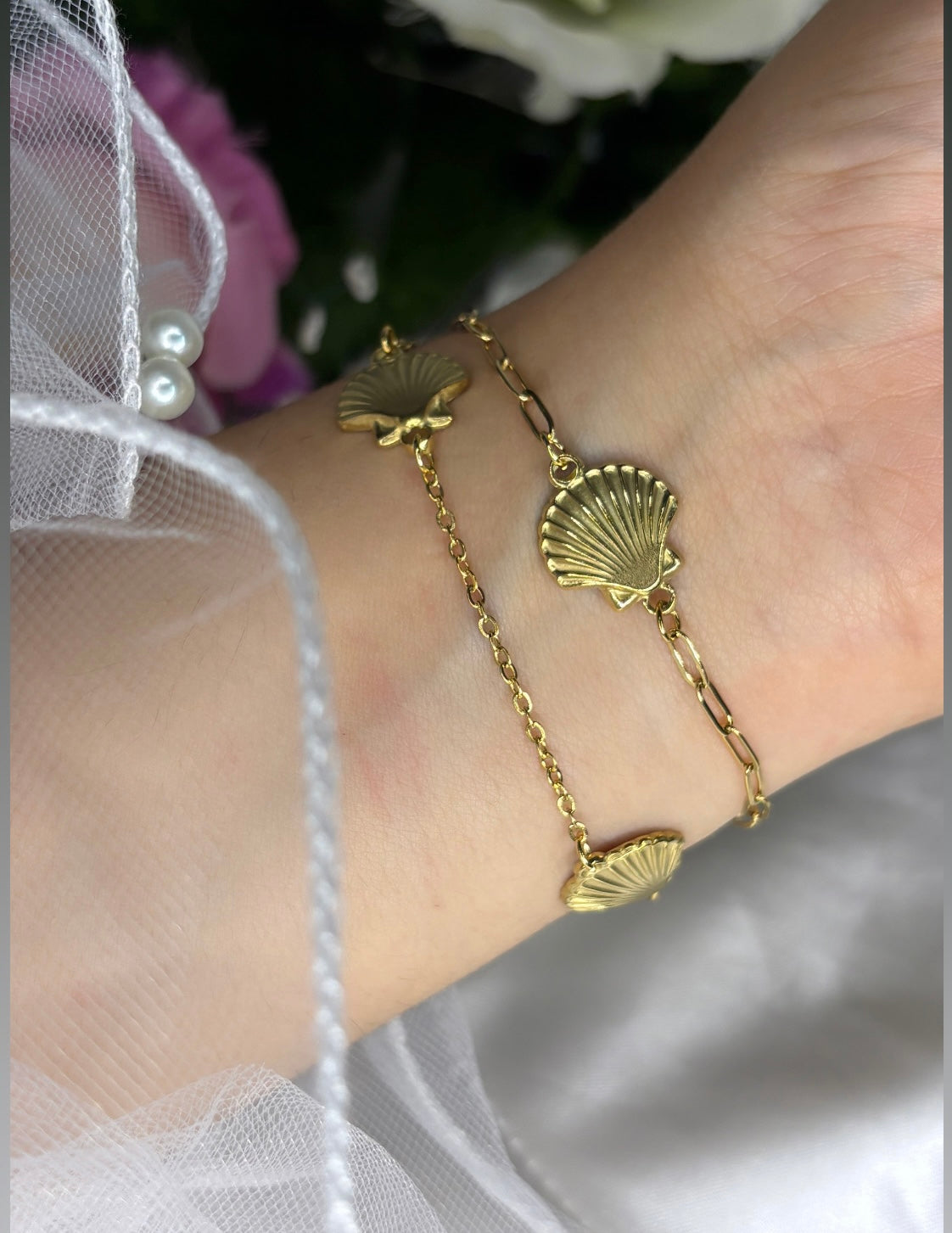 Bracelet double chaîne coquillage doré