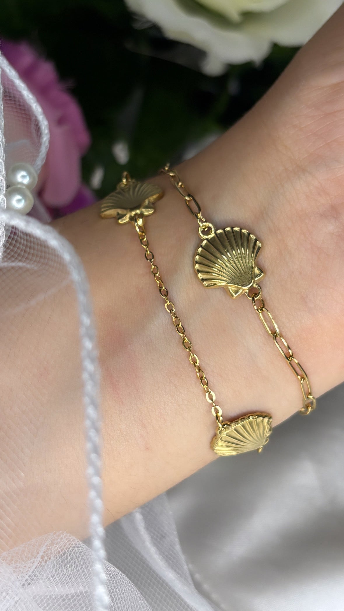 Bracelet double chaîne coquillage doré